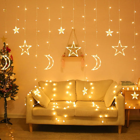 Ramadan Star Moon LED Curtain Lights – 3.5M Warm White String Lights with 8 Flashing Modes, USB & Battery Powered for Indoor and Outdoor Decoration
