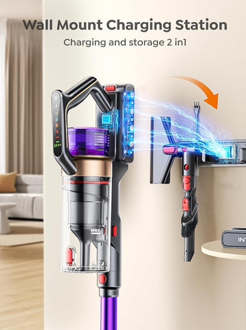 Cordless Vacuum Cleaner 600W 50KPA Stick Hoover with Touch Screen, 65Min Runtime, Wall Mount Rechargeable Lightweight for Pet Hair & Carpet