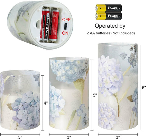 Hydrangea Frosted Glass LED Flameless Candles Set, Flickering Battery Operated Pillar Candles with Remote & Timer