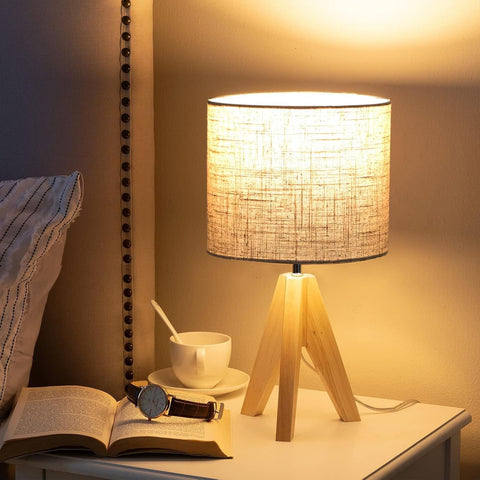 EDISHINE 36cm Wooden Bedside Table Lamp with Beige Linen Lampshade – Tripod Desk Lamp with E27 Base, On-Off Switch & 4W LED Bulb for Bedroom, Living Room, Study & Office