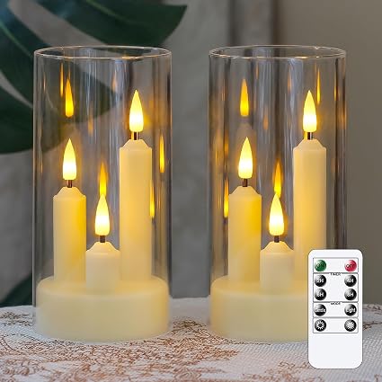 3 in 1 Flameless Taper Short Candles with 10 Key Remote Control and Timer, Battery Operated Pack of 2 LED Acrylic 7.5cm x15cm Ivory Pillar Flickering Warm Light