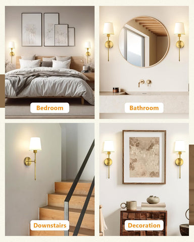 Rechargeable Wireless Wall Sconce Lights Set of 2 Vintage Fabric Shade Gold