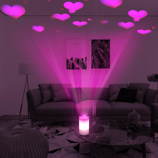 Flameless Candles Valentine Romantic Pink Heart Projector Lights Battery Operated Night Light with Remote and Timer, LED Candle Home Decorations