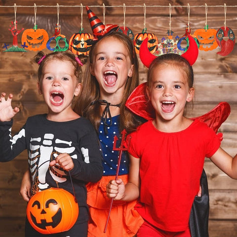 DERAYEE 20PCS Halloween Wooden Ornaments Kit – Unfinished Wood Cutouts with Watercolour Pens & Jute Twine for DIY Halloween Crafts, Tree, Window & Party Decorations