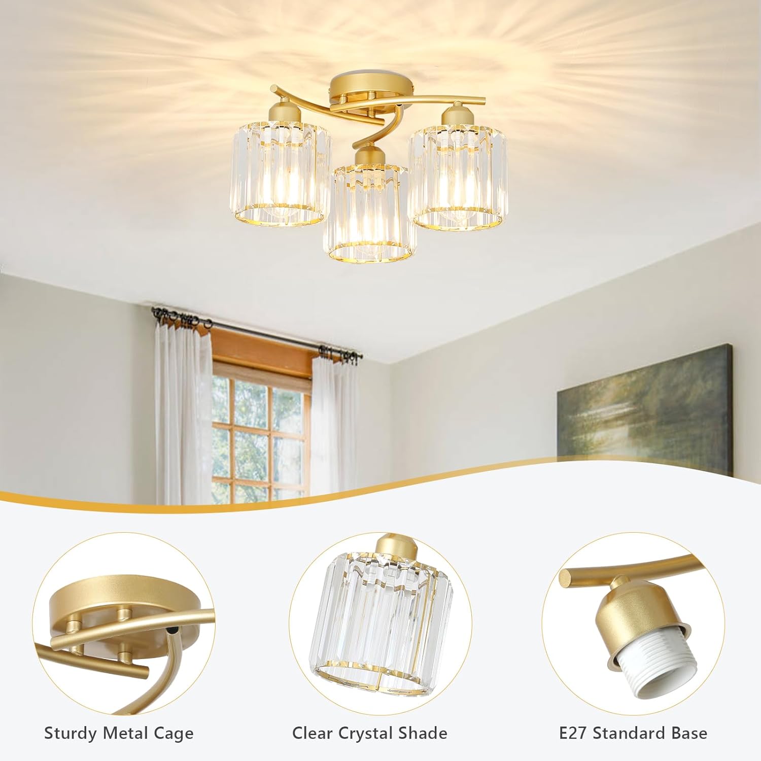 Ceiling light fixture with clear crystal shades and gold metal cage in a room setting.