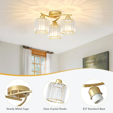 Ceiling light fixture with clear crystal shades and gold metal cage in a room setting.
