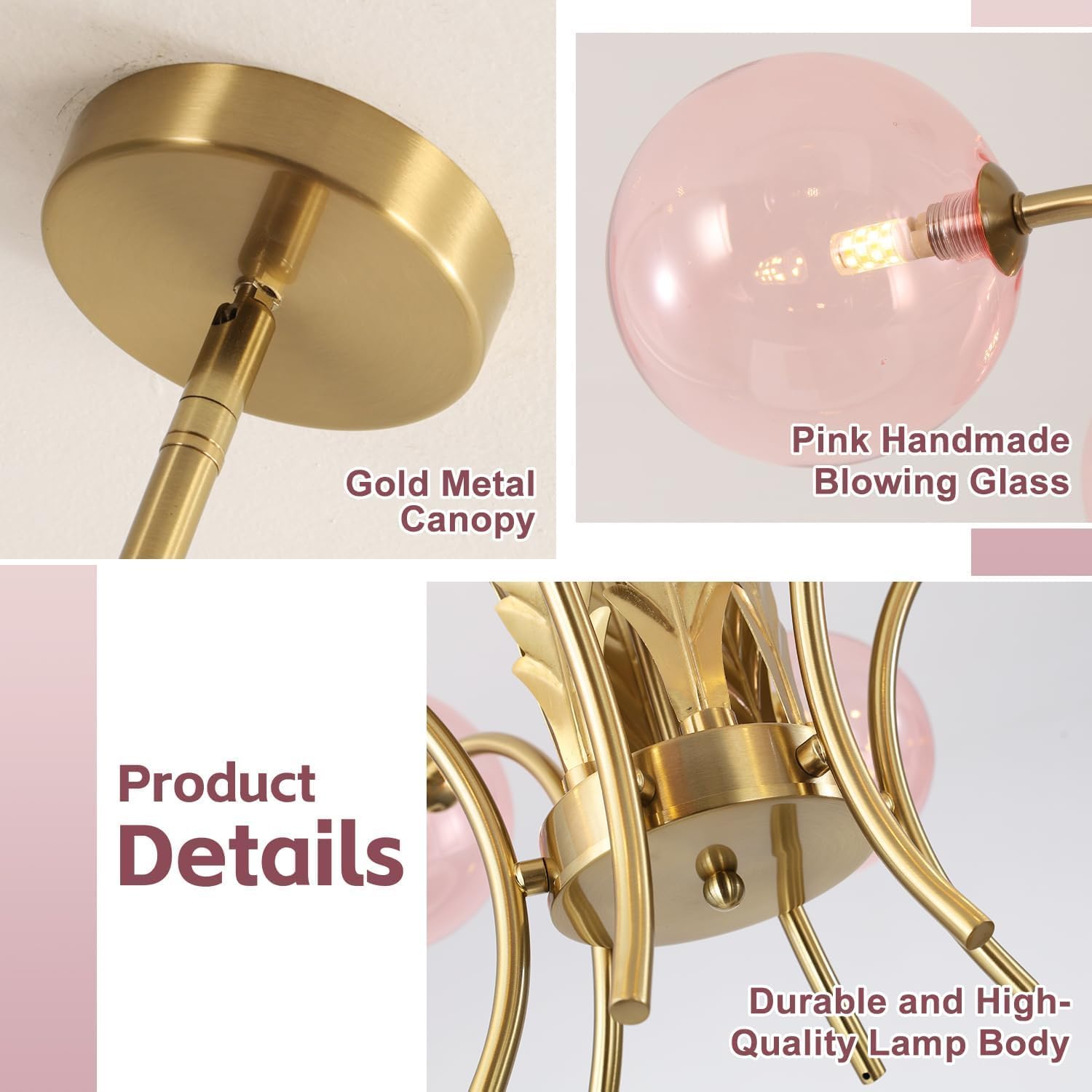 Collage of a gold metal canopy, pink handmade blowing glass, and durable lamp body with text labels.