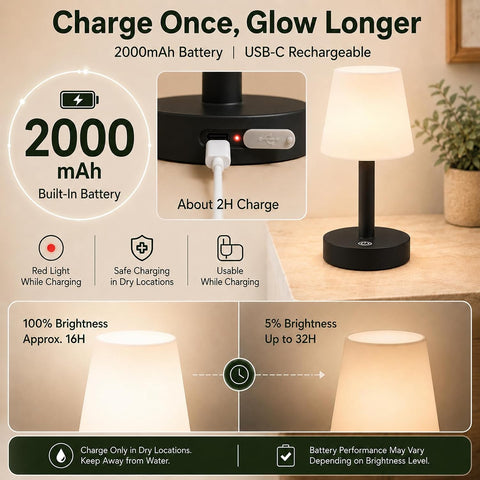 Rechargeable Cordless Table Lamp – IP54 Waterproof Touch Dimmable LED Lamp with 3 Colour Temperatures, 2000mAh Battery & USB-C Charging