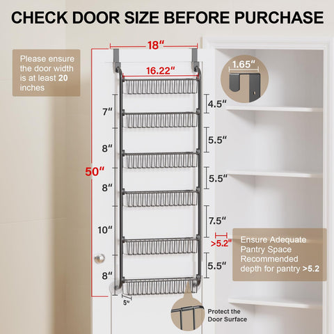 Delamu 8-Tier Over Door Storage Organiser, Adjustable Metal Pantry Shelves, Hanging Spice Rack for Kitchen, Bathroom & Laundry, White