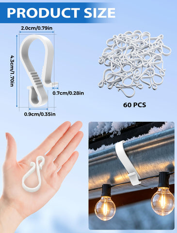 60 Pack Gutter Hooks for Outdoor Lights – S Clips for Hanging Christmas & Fairy Lights on Gutters – Make Festive Lighting Easier to Hang and Easier to Enjoy