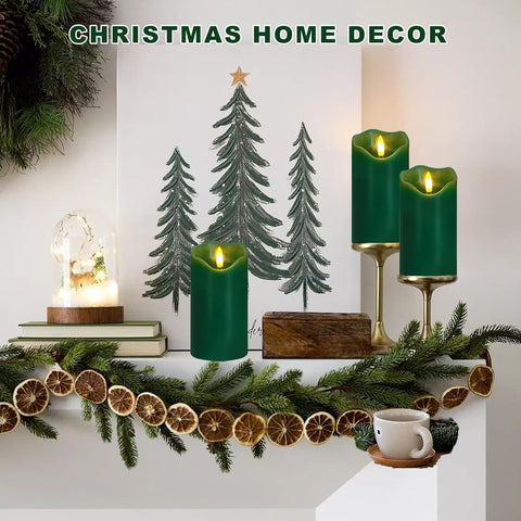 Green Flameless Pillar Candles Set of 2, 6×3 Inch Real Wax LED Candles with Remote, Timer & Dimmable Flickering Light