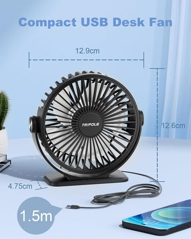 TriPole Desk Fan, Portable USB Fan 3 Speeds Adjustable Powerful Mini Fans, Ultra Quiet 360° Rotatable Table Cooling, Electric Small Fans for Bedroom, Office, Library Desktop, Travel