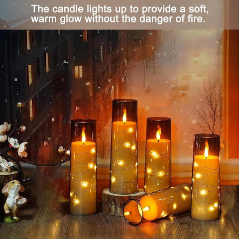 Flickering Flameless LED Candles with String Lights, Battery Operated Electric Candle Set of 5 with Remote Control & 24-Hour Timer for Home & Holiday Décor (Grey)
