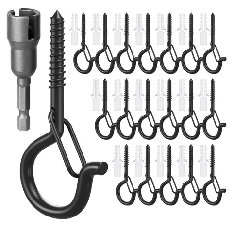 Screw in Hooks with Safety Buckle, (Black-32 PCS) | 7 Pcs Black Ceiling Hooks, Outdoor Garden Hooks for Christmas Lights,Rope Lights,Fairy Lights,Hanging Plants,Bird Feeders
