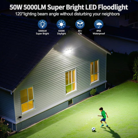 50W 5000LM Super Bright LED Floodlight illuminating a house exterior with a child playing soccer on a grassy area.
