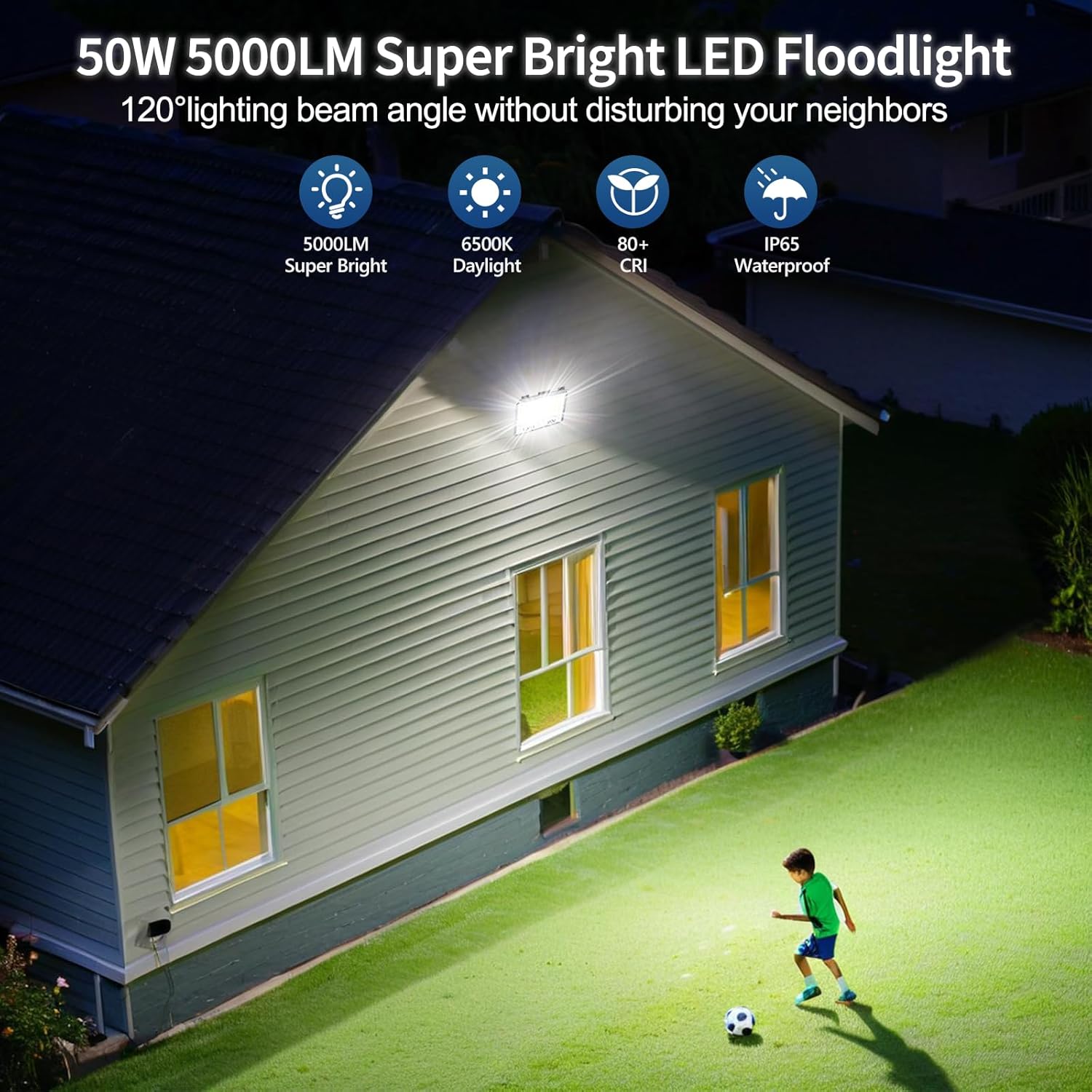 50W 5000LM Super Bright LED Floodlight illuminating a house exterior with a child playing soccer on a grassy area.