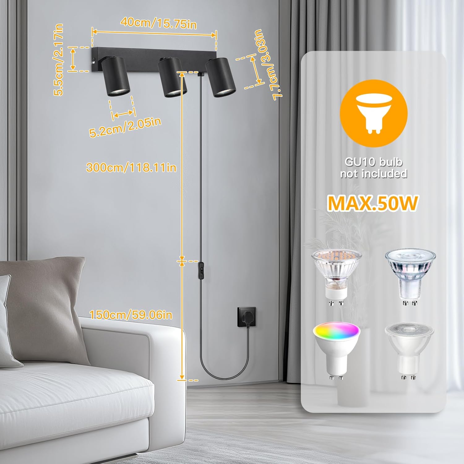 Light fixture with dimensions and GU10 bulb compatibility on a gray wall.