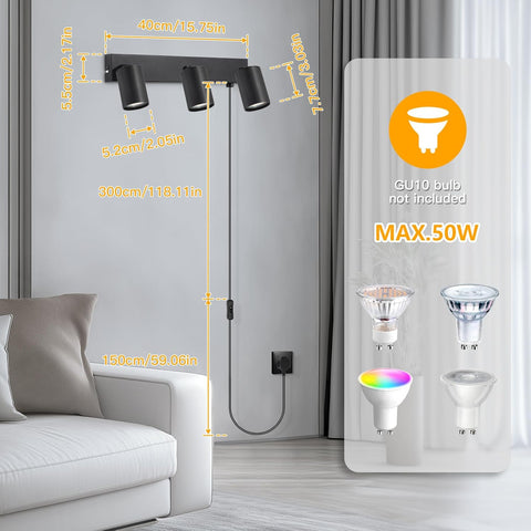 Light fixture with dimensions and GU10 bulb compatibility on a gray wall.