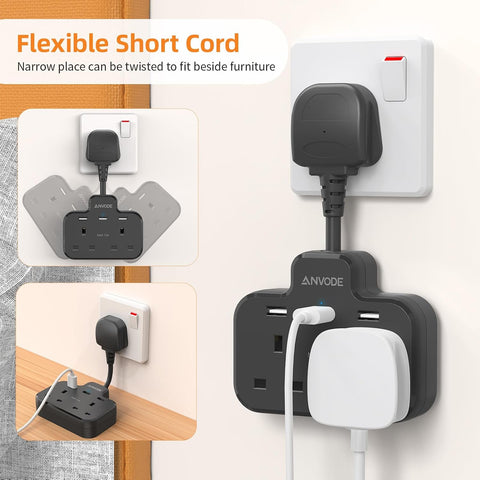 Double Plug Adaptor with USB – 2-Way UK Wall Socket Extender with 3 USB Ports & 5cm Short Extension Lead, Black – Make Room for More of Your Everyday Essentials
