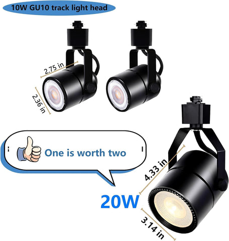 Three GU10 track light heads with measurements and a comparison text on a white background.