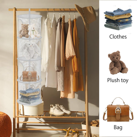 APOMOONS Hanging Mesh Storage Basket, 4-Tier Pink Teddy Toy Organiser – Give Every Cuddly Toy a Cosy Place