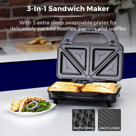 3-in-1 Deep Fill Sandwich Maker with Waffle & Grill Plates, 900W