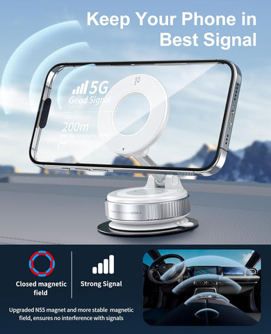 Vacuum Magnetic Car Phone Holder for MagSafe White, 360° Adjustable Mount