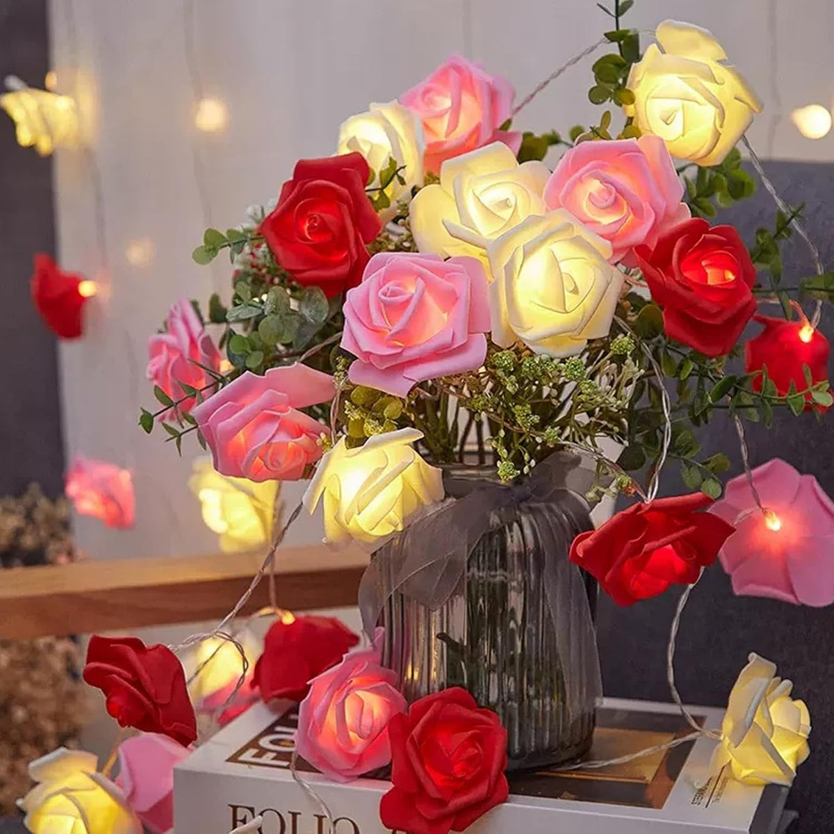 Rose Flower Fairy String Lights 6M with 40 LEDs, Battery Operated Decorative Lights for Romantic Indoor Décor