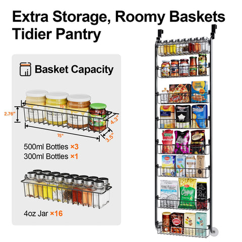 Delamu 8-Tier Over Door Storage Organiser, Adjustable Metal Pantry Shelves, Hanging Spice Rack for Kitchen, Bathroom & Laundry, White