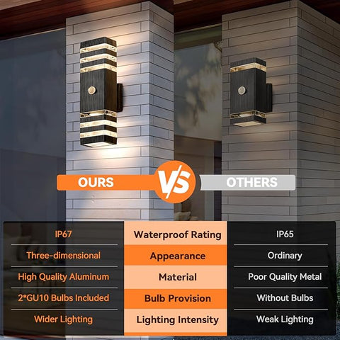 PIR Outdoor Wall Lights with Motion Sensor, Modern GU10 LED Up Down Outside Lights Mains Powered, IP67 Waterproof External Lighting Exterior Sconce Lamp for Front Door, Porch, Hallway