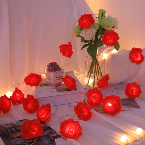 Hot Red Rose Flower Fairy String Lights 6M with 40 LEDs, Battery Operated Decorative Lights for Romantic Décor