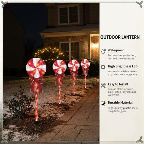 24 Inch 96 LED Lollipop Candy Cane Pathway Lights, 4 Pack with Ground Stakes, 29V Plug-in, Outdoor Christmas Yard Decor