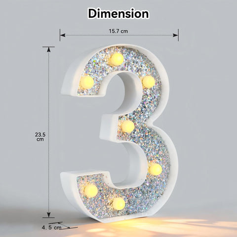 Silver Glitter Light Up Number 3 – 8.86 Inch LED Marquee Lights