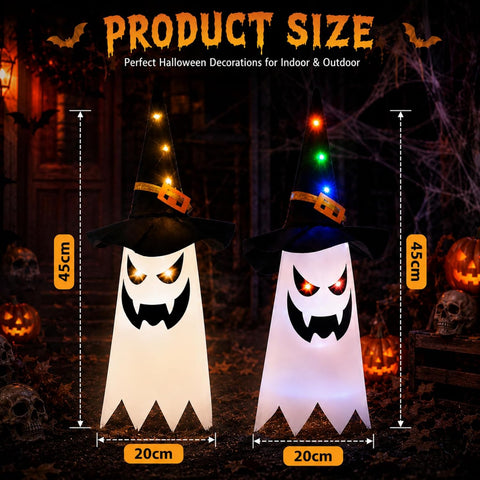 Mepham Halloween Hanging Light Up Ghost Decorations with Wizard Hats – 3 Light Modes for Indoor & Outdoor Garden, Door & Porch Displays