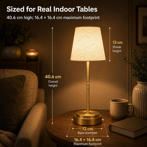 Rechargeable Cordless Table Lamp, 6000mAh Dimmable LED Bedside Lamp, Gold Metal & Linen Shade, 3000K Warm White
