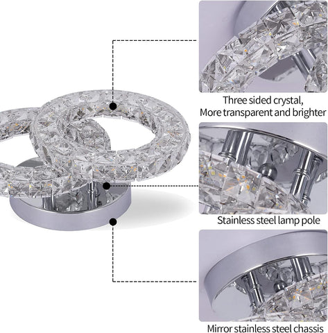 Crystal LED Ceiling Light Fixture, Modern 2-Ring Flush Mount Chandelier