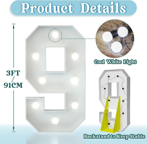 3FT Light Up Numbers Birthday Decoration Large Marquee Numbers 9 for 9th 90th Birthday Party Decor Wedding, Big Number Frame Foam Cardboard Mosaic Arch Stand Pre-cut Numbers
