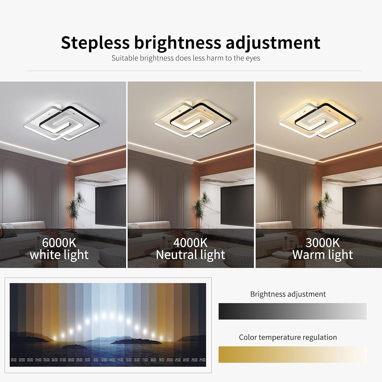 Ceiling light fixture with stepless brightness adjustment shown in three color temperatures.