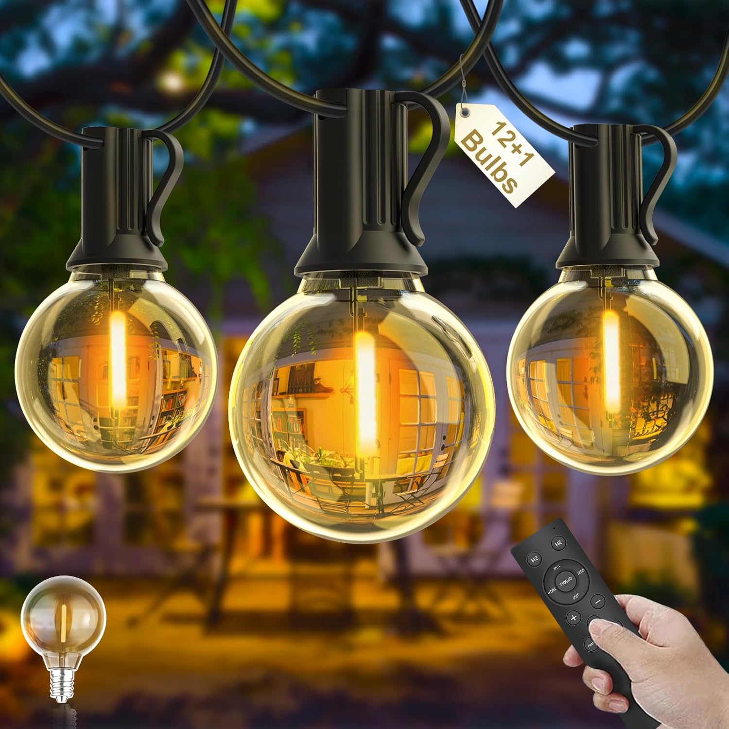 LED String Lights Remote Control, 25Ft/7.6M Festoon Lights Mains Powered with 12+1 Shatterproof G40 Bulbs, IP45 Waterproof Outdoor Garden String Light for Patio Party Wedding Cafe
