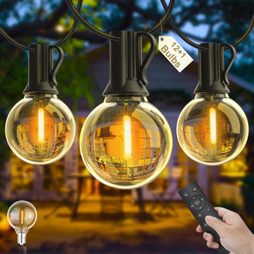 Close-up of 12 shatterproof G40 LED bulbs on festoon string lights

