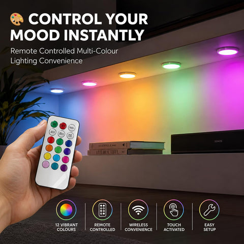 Lizzy LED Touch Lights 5 Pack with Remote Control – 12 Colour RGB Changing Battery Operated Stick-On Puck Lights for Kitchen, Wardrobe, Cupboard & Bedroom - Put the Glow Exactly Where Your Room Needs It