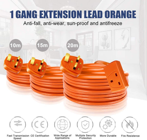 EXTRASTAR 1 Way Gang Single Socket Mains Power Extension Lead 13A Fused UK 3Pin Plug - 15 Metre Cable, Orange