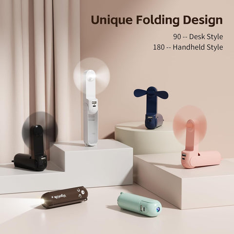 Mini Handheld Fan,USB Rechargeable 3 IN 1 Personal Cooler Fans with Power Bank,LED Flashlight,Small Foldable Pocket Fan-Travel & Emergency Essentials for Outdoor Portable Cooling Fan (White)