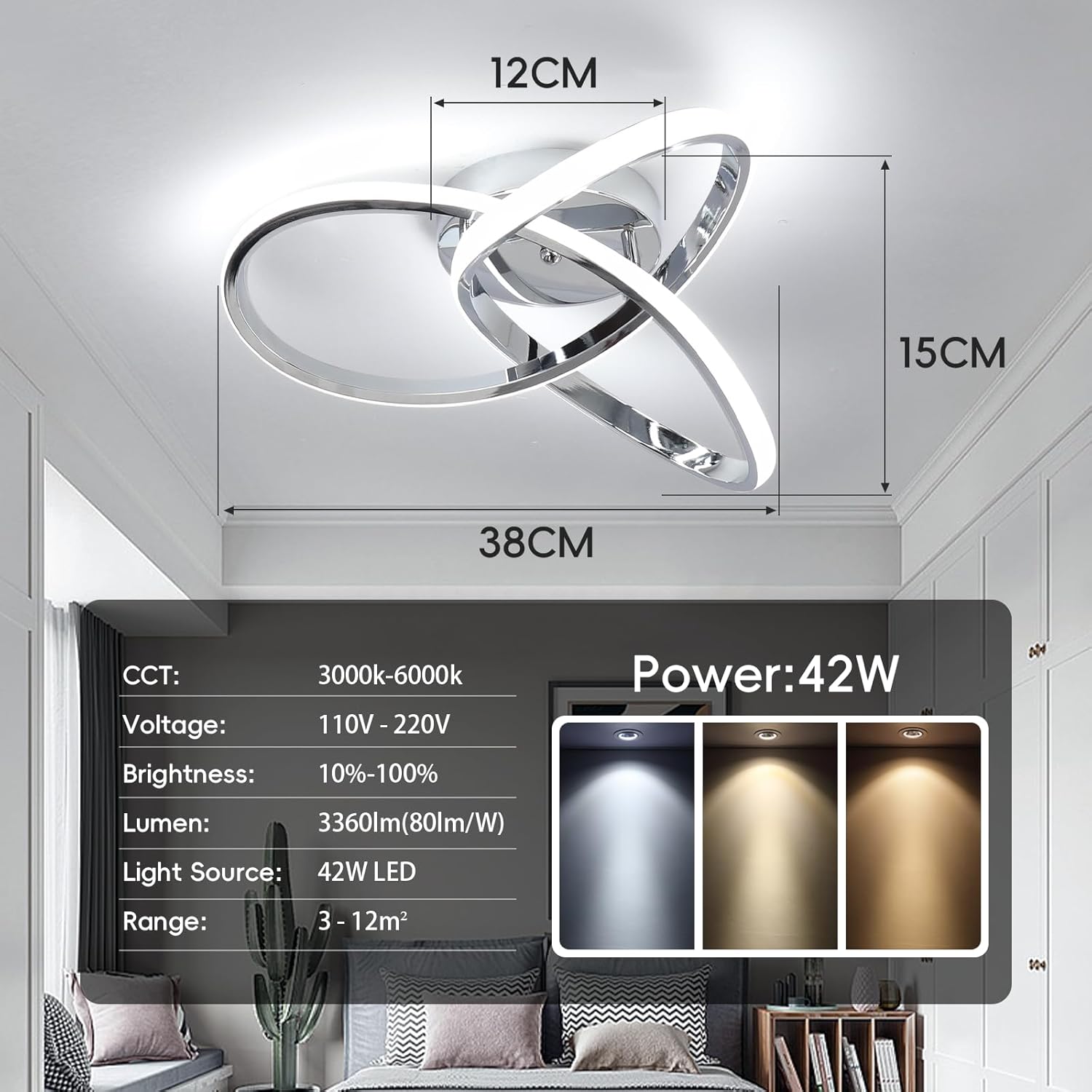 Ceiling light fixture with dimensions and specifications displayed on a white wall.