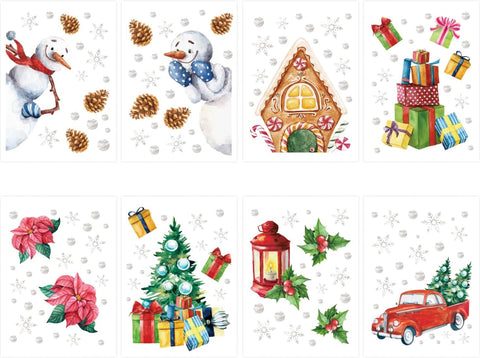 Christmas Window Stickers Set – 8 Sheets of Snowman, Santa & Gift Decals for Holiday Window Decorations