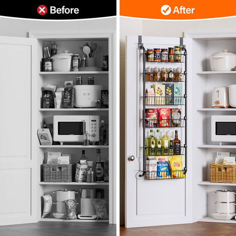 Delamu 8-Tier Over Door Storage Organiser, Adjustable Metal Pantry Shelves, Hanging Spice Rack for Kitchen, Bathroom & Laundry, White