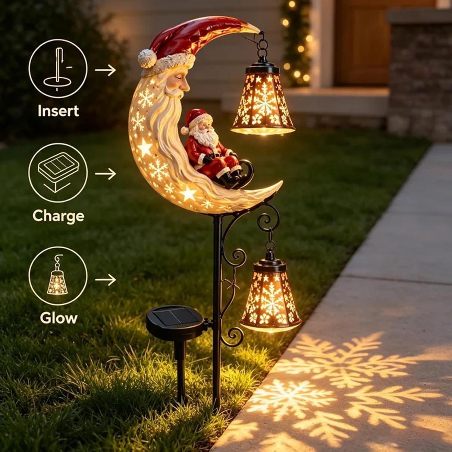 Santa Solar Lights Outdoor with Lantern LED Christmas Moon Light