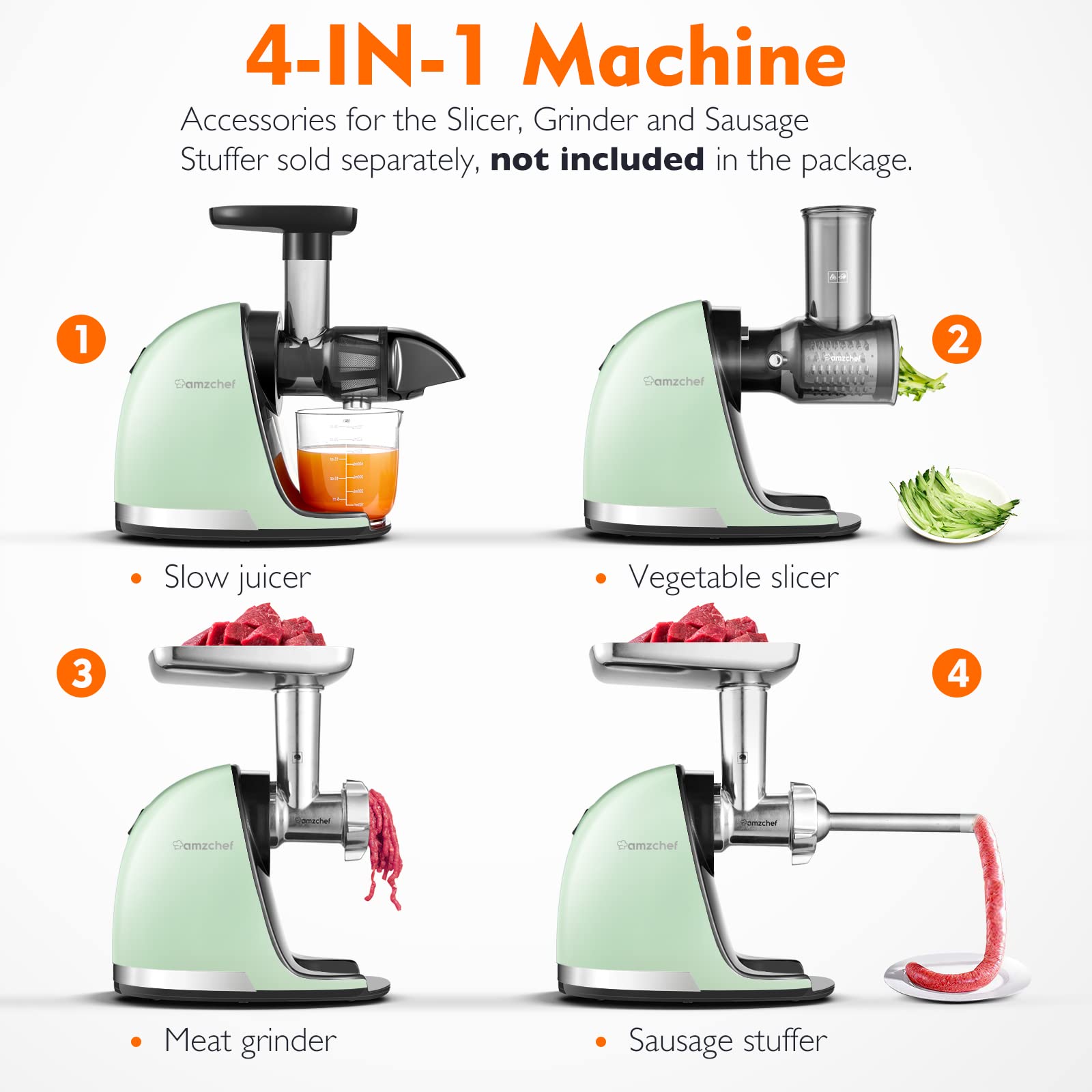 AMZCHEF Juicer Machines - Cold Press Slow Juicer - Masticating Juicer for Whole Fruits and Vegetables - Delicate Chew No Need to Filter - BPA Free Juice Extractor with 2 Cups and Brush - Black