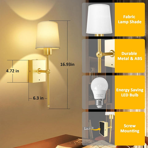 Rechargeable Wireless Wall Sconces Set of 2 Gold