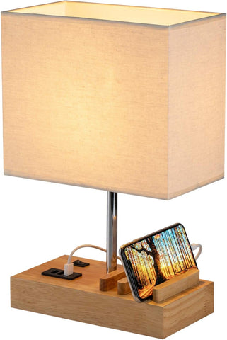 USB Bedside Table Lamp with 3 USB Charging Ports & Phone Charge Dock – Wooden Charging Station Desk Lamp with Device Organiser for Bedroom, Guest Room, Living Room & Office